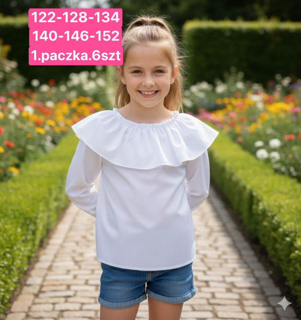 Koszule dziewczęce Roz 122-152, 1 kolor Paczka 6 szt